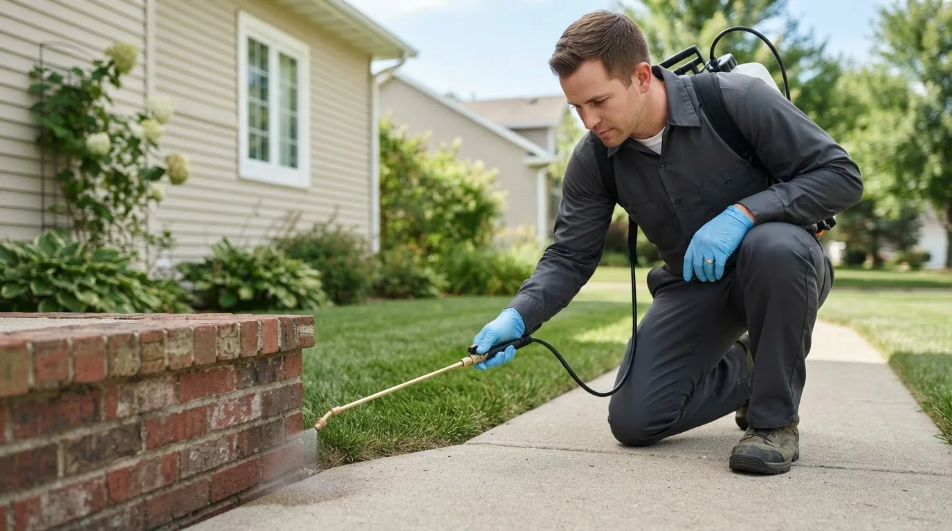 Pest control technician treating a home near Perkins, MO