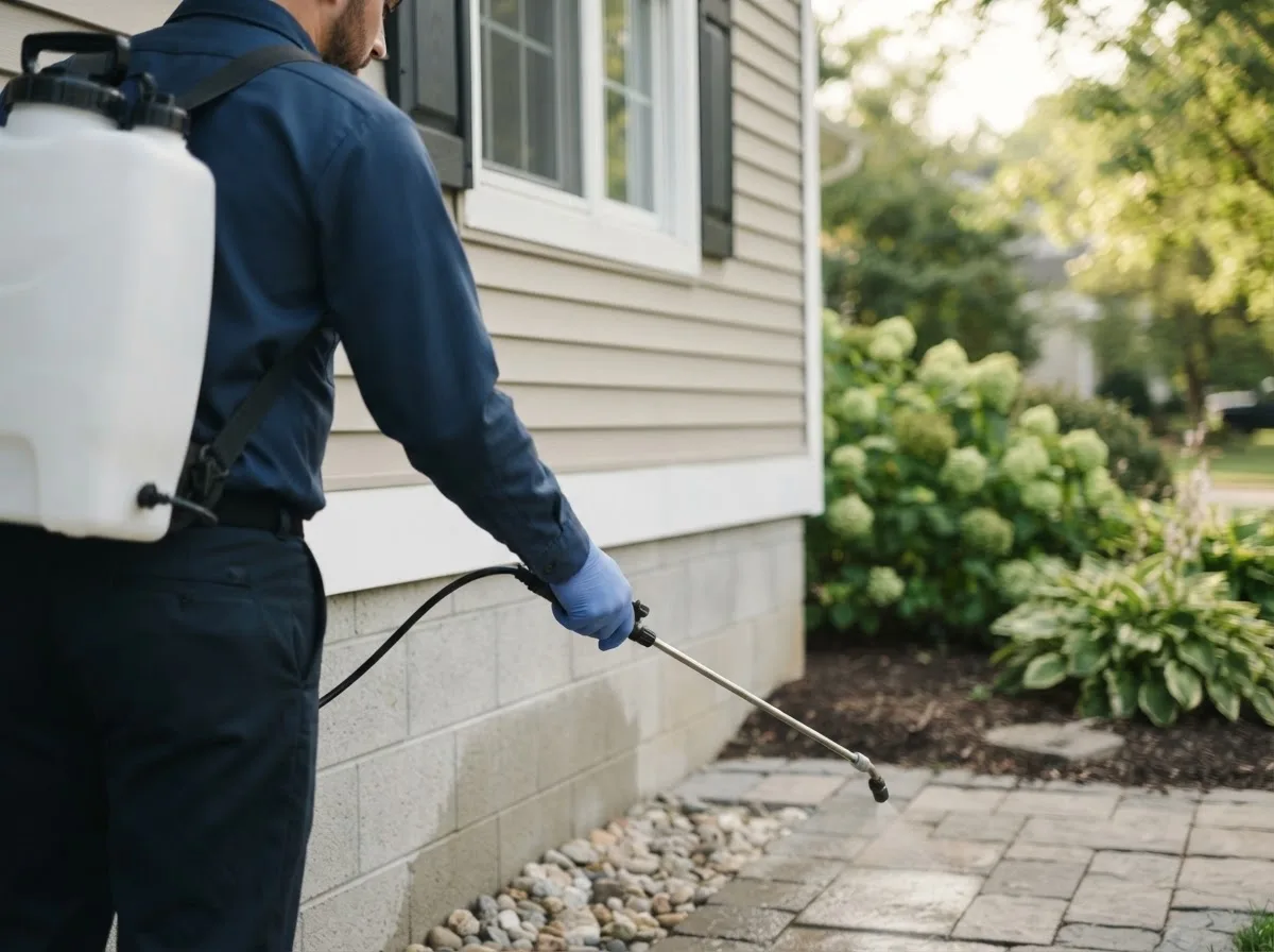 Pest control technician inspecting a home in Perkins, MO